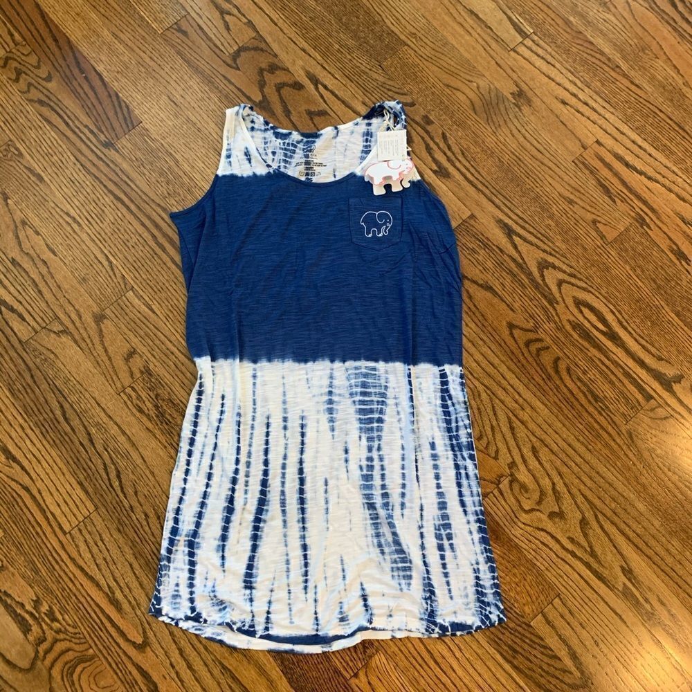 New IVORY ELLA Tie Dye Tank Tee Shirt Dress Blue White Elephant Logo S